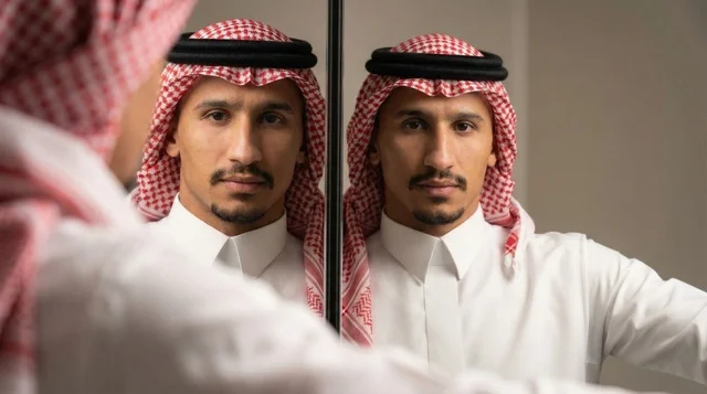 انعكاس رجل سعودي بالزي التقليدي في المرآة