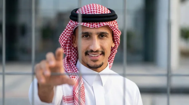 رجل سعودي باللباس التقليدي خلف سياج معدني