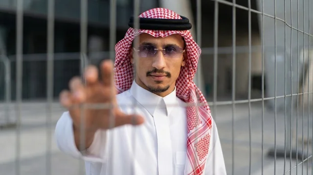 رجل سعودي بالثوب التقليدي يمد يده خلف سياج سلكي