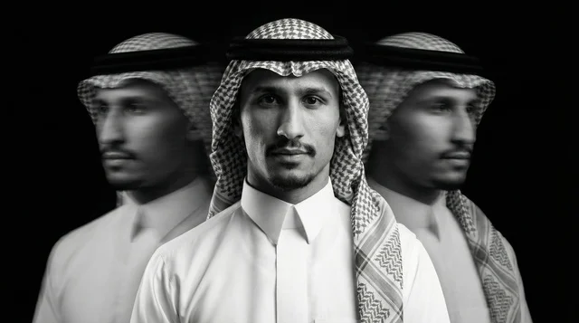 رجل سعودي بالزي التقليدي في بورتريه أبيض وأسود