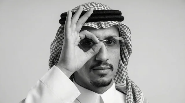 رجل سعودي بالزي التقليدي يضع يده حول عينه