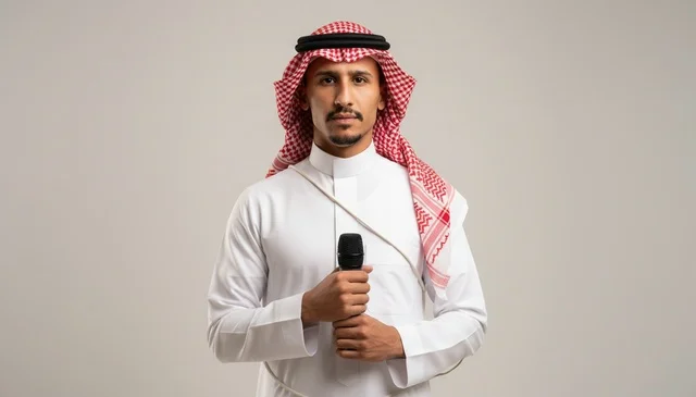 Saudi Man in Traditional Thobe Holding Microphone Studio