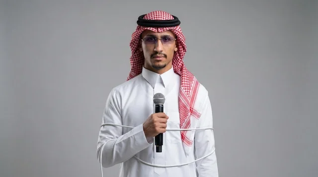 رجل سعودي يمسك ميكروفون مع سلك ملفوف في الاستوديو