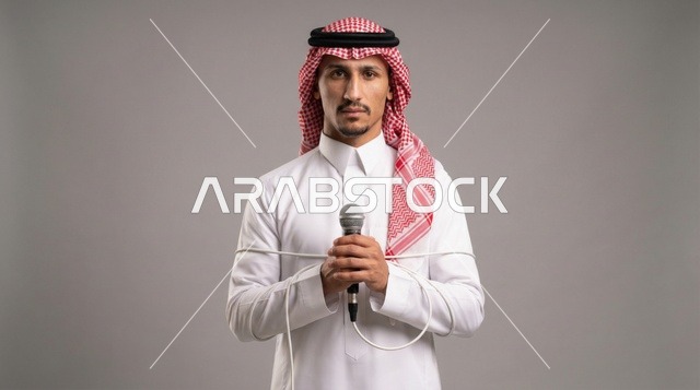 رجل سعودي يمسك ميكروفون ملفوف بسلك في استوديو