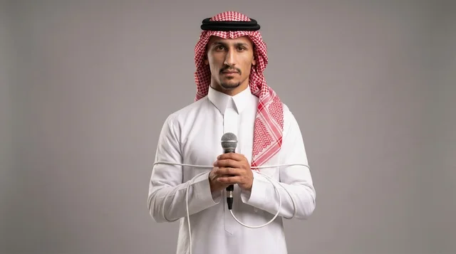 Saudi Man Holding Microphone Wrapped in Cable Studio Shot