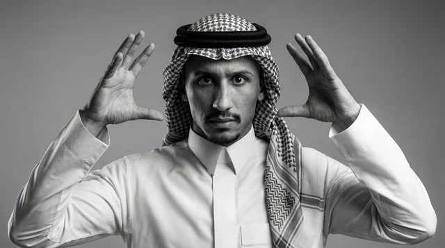 رجل سعودي بالزي التقليدي في بورتريه أبيض وأسود