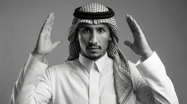 Saudi Man in Traditional Thobe Gesturing Scale