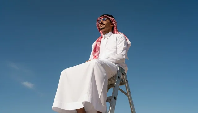 رجل سعودي بالزي التقليدي يجلس على سلم