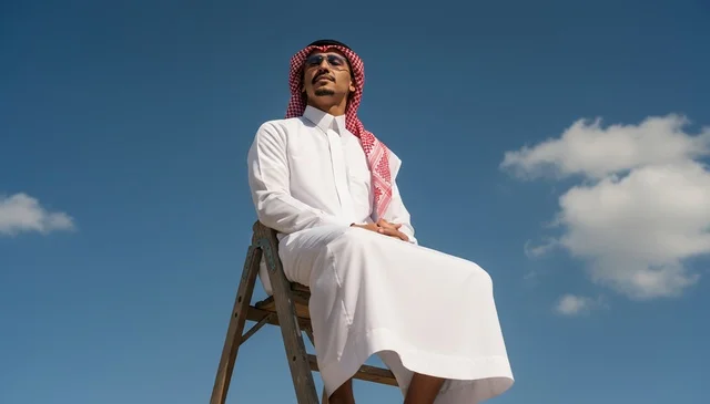 Saudi Man in Traditional Thobe Sitting on Ladder Outdoors