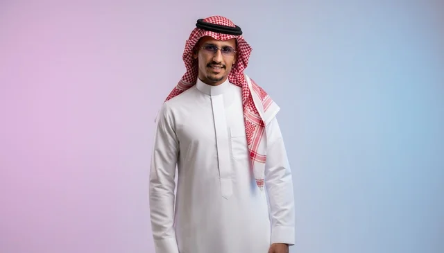 رجل سعودي بالثوب والشماغ في الاستوديو