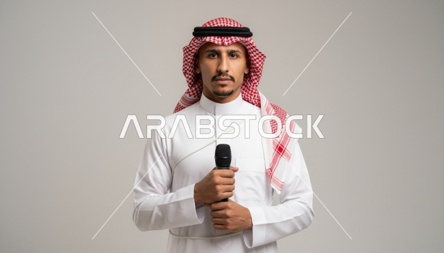 رجل سعودي بالزي التقليدي يمسك بميكروفون