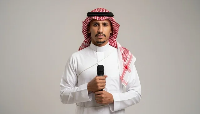رجل سعودي بالزي التقليدي يمسك بميكروفون