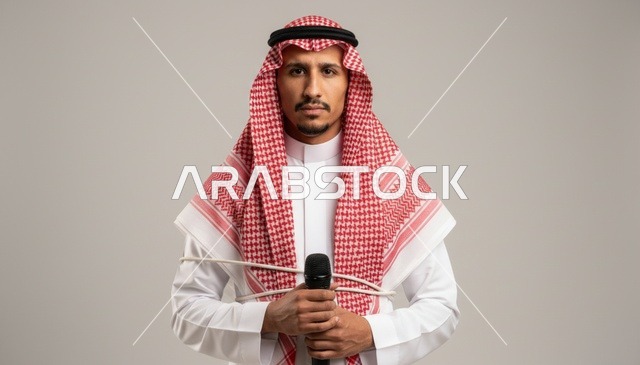 رجل سعودي يحمل ميكروفون يعبر عن الرقابة الإعلامية