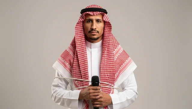 رجل سعودي يحمل ميكروفون يعبر عن الرقابة الإعلامية