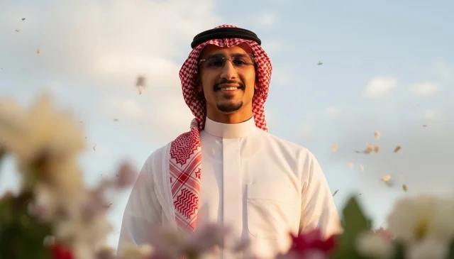 رجل سعودي بالزي التقليدي في حديقة زهور