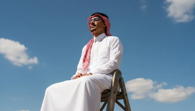 رجل سعودي بالثوب التقليدي يجلس على سلم