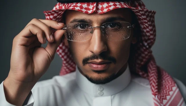 Saudi Man Wearing Eyeglasses with Water Droplets