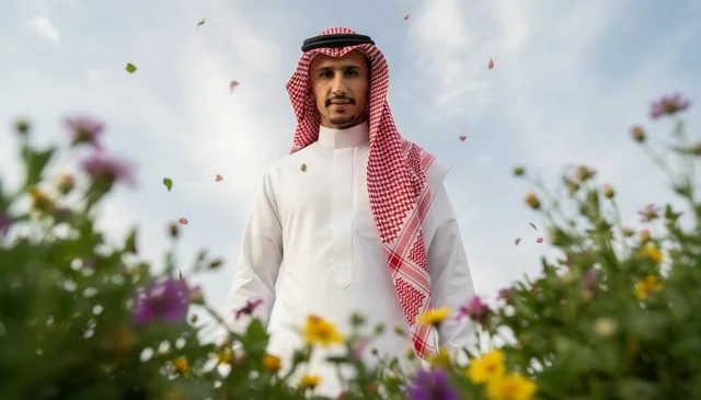 Saudi Man in Traditional Dress in Flower Garden