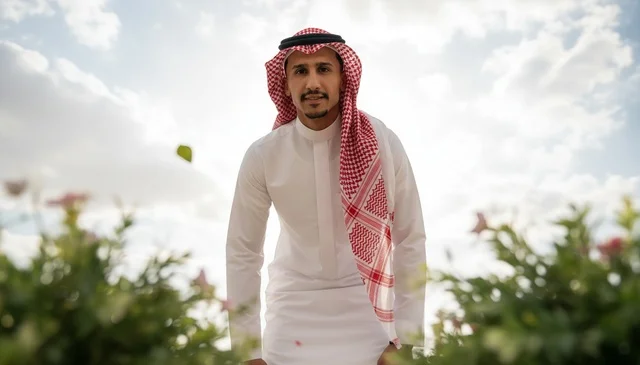 رجل سعودي بالزي التقليدي في حديقة خارجية تحت سماء غائمة