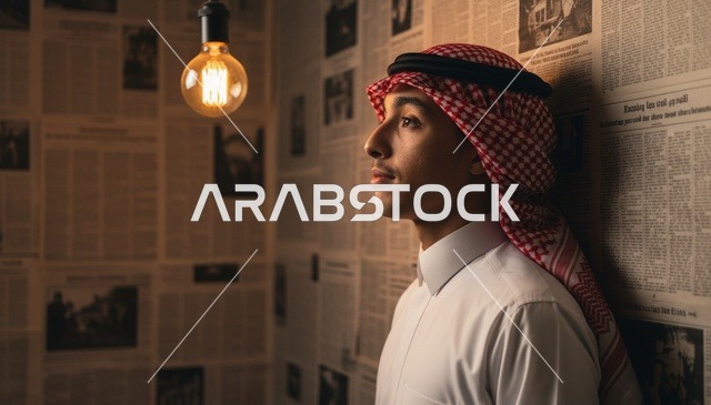 رجل سعودي بالزي التقليدي أمام خلفية جرائد