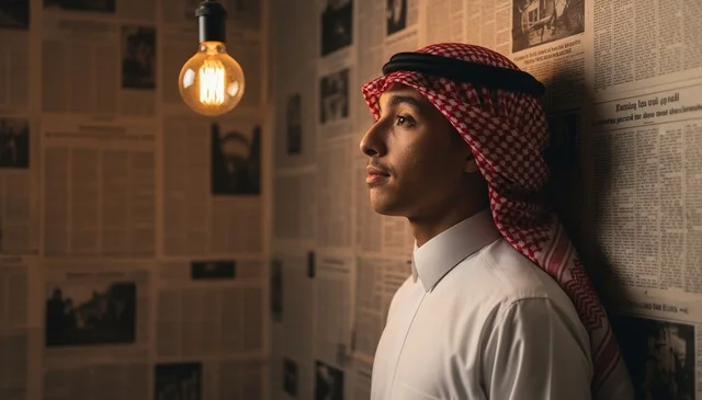 رجل سعودي بالزي التقليدي أمام خلفية جرائد