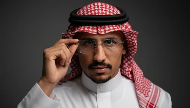 Saudi Man in Traditional Dress Wearing Rimless Eyeglasses