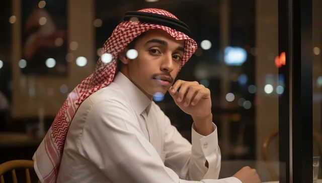 شاب سعودي بالزي التقليدي في مقهى ليلي