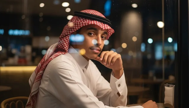 Saudi Man in Traditional Dress at Night Cafe Saudi Man in Traditional Dress at Night Cafe
