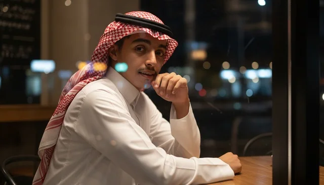 رجل سعودي بالثوب التقليدي في مقهى ليلا