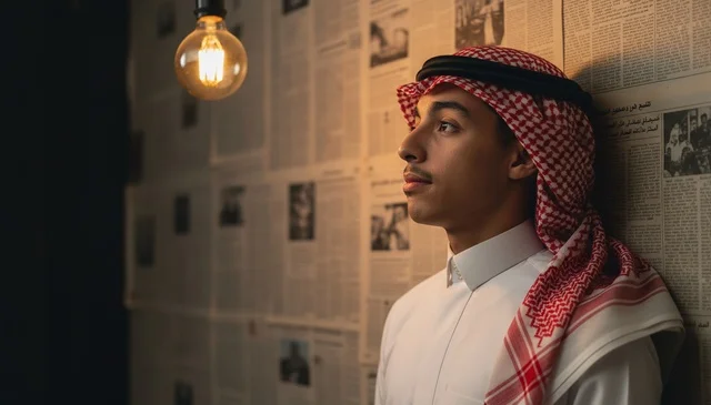 Young Saudi Man in Traditional Dress with Light Bulb