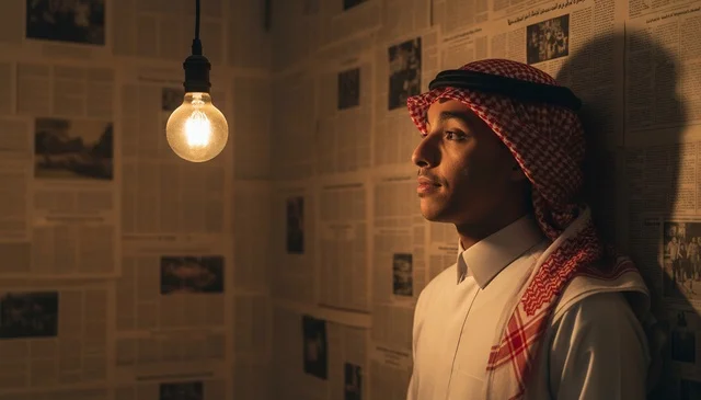 شاب سعودي بالزي التقليدي مع مصباح ضوئي متوهج