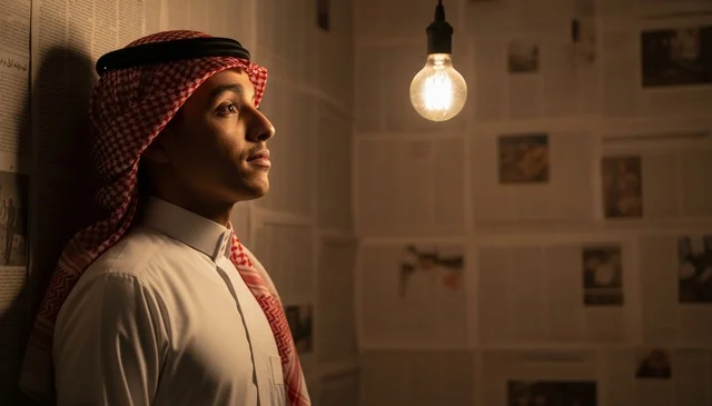 Young Saudi Man in Traditional Attire with Light Bulb