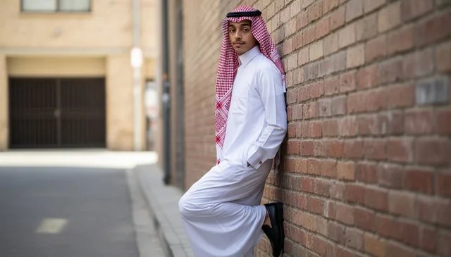 Saudi Man in Traditional Thobe Leaning on Brick Wall