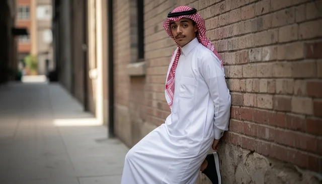 Saudi Man in Traditional Thobe Leaning on Brick Wall