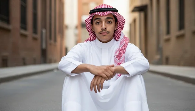 شاب سعودي بالزي التقليدي يجلس في الشارع