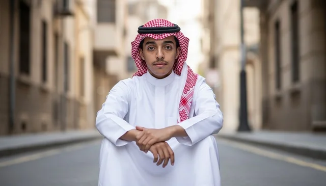 Saudi Man in Traditional Thobe Sitting on Urban Street