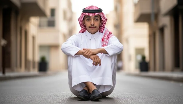 Saudi Man in Traditional Thobe Sitting on Urban Street