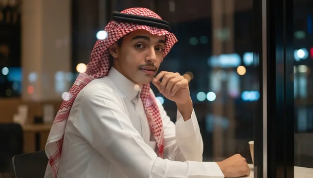 رجل سعودي بالزي التقليدي في مقهى ليلاً
