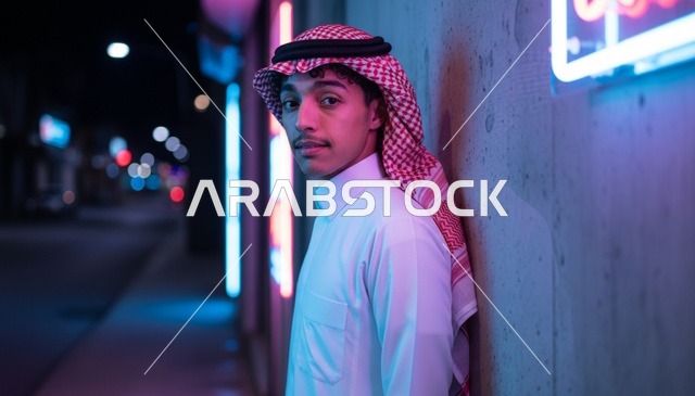 شاب سعودي بالثوب التقليدي تحت أضواء النيون ليلاً