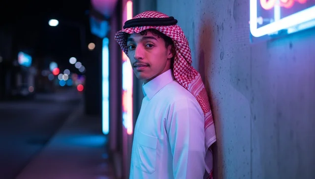 شاب سعودي بالثوب التقليدي تحت أضواء النيون ليلاً