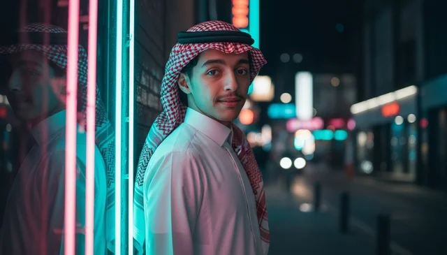 رجل سعودي بالزي التقليدي مع أضواء نيون ليلاً
