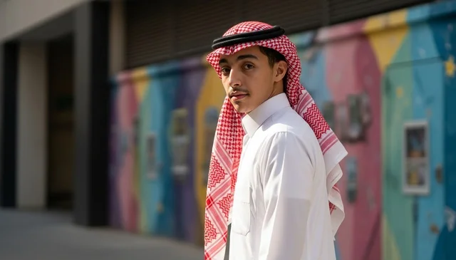 Saudi Man in Traditional Dress with Urban Mural