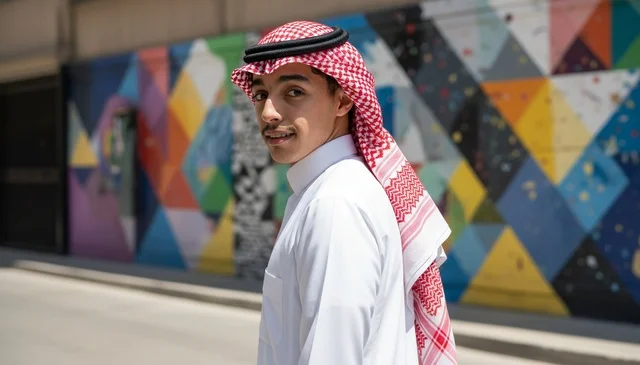 Saudi Man in Traditional Thobe with Graffiti Wall