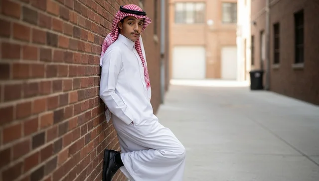 Saudi Man in Traditional Thobe Leaning on Brick Wall