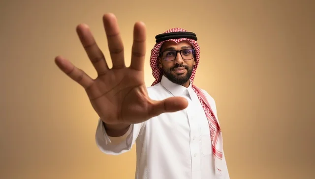 Saudi Man in Traditional Dress Making Stop Gesture