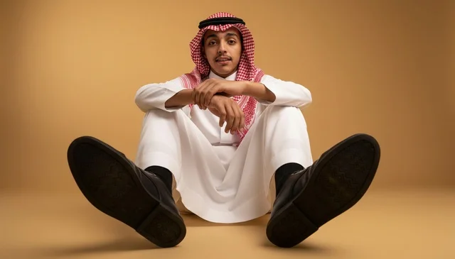 شاب سعودي بالزي التقليدي يجلس على الأرض في الاستوديو