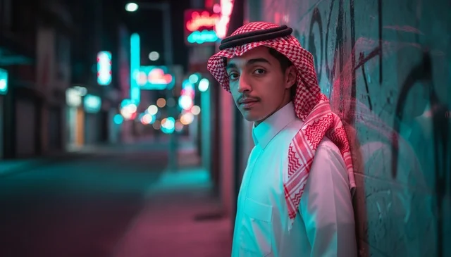 Saudi Man in Traditional Thobe Under Neon Night Lights