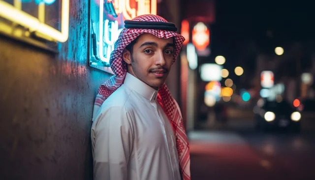 شاب سعودي بالزي التقليدي في شارع بمدينة ليلية هادئة