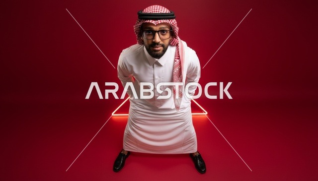 رجل سعودي بالثوب والشماغ أمام خلفية نيون حمراء