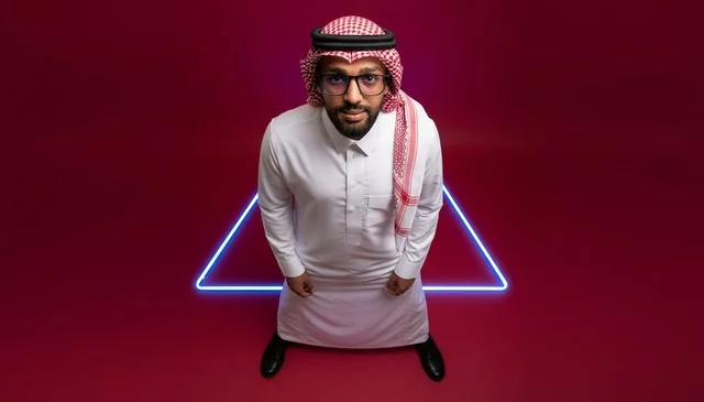 Saudi Man in Traditional Thobe with Neon Background